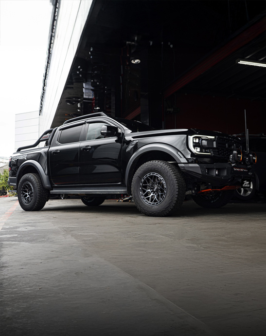 17x8.5 Simmons Rugged R4 Black Tinted on  Ford Ranger