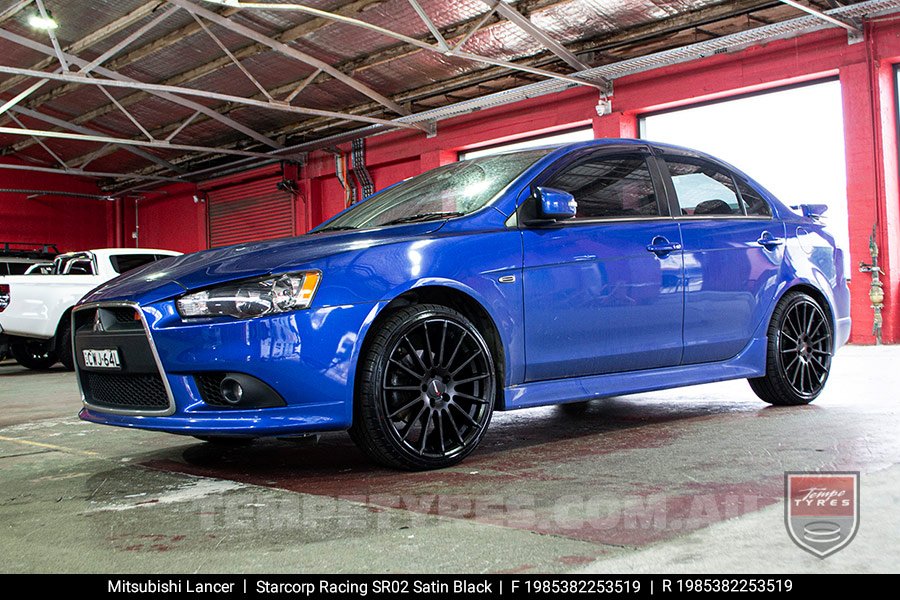 19x8.5 Starcorp Racing SR02 Satin Black on Mitsubishi Lancer