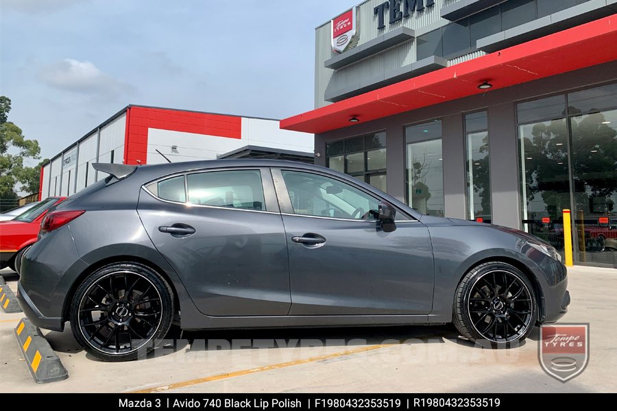 19x8.0 19x9.5 AVIDO 740 Black Lip Polish on Mazda 3