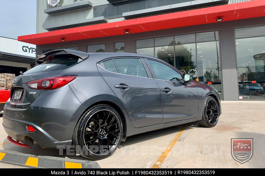 19x8.0 19x9.5 AVIDO 740 Black Lip Polish on Mazda 3