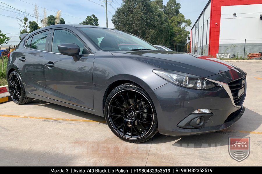 19x8.0 19x9.5 AVIDO 740 Black Lip Polish on Mazda 3