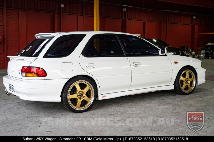 18x7.0 18x8.5 Simmons FR-1 Gold on Subaru WRX