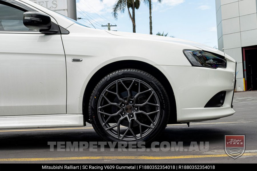 18x8.0 SC Racing V609 Gunmetal on Mitsubishi Ralliart