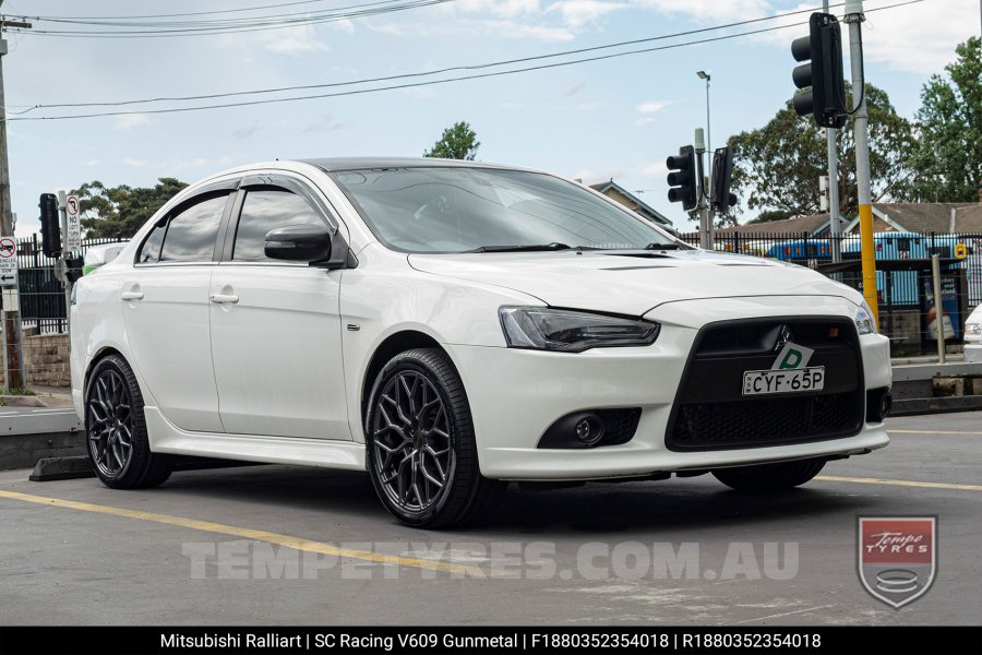 18x8.0 SC Racing V609 Gunmetal on Mitsubishi Ralliart