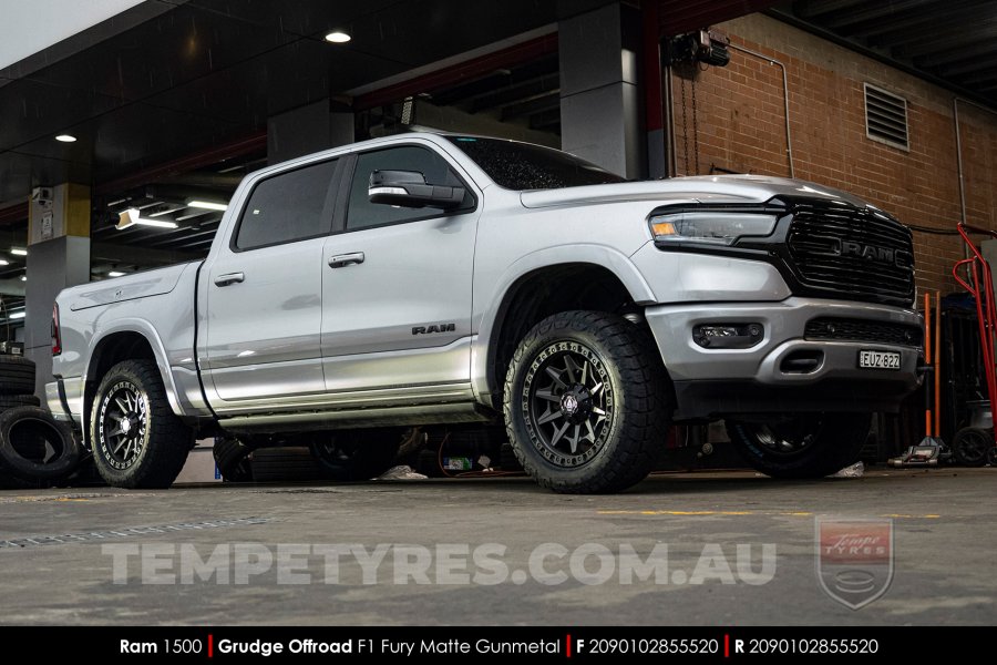 20x9.0 Grudge Offroad F1 Fury Matte Gunmetal on Dodge Ram