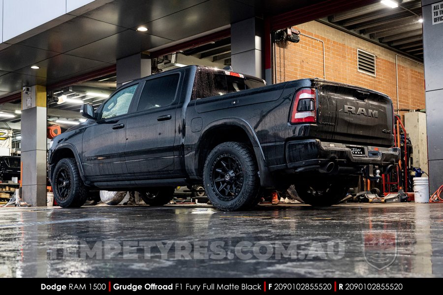 20x9.0 Grudge Offroad F1 Fury Full Matte Black on Dodge Ram