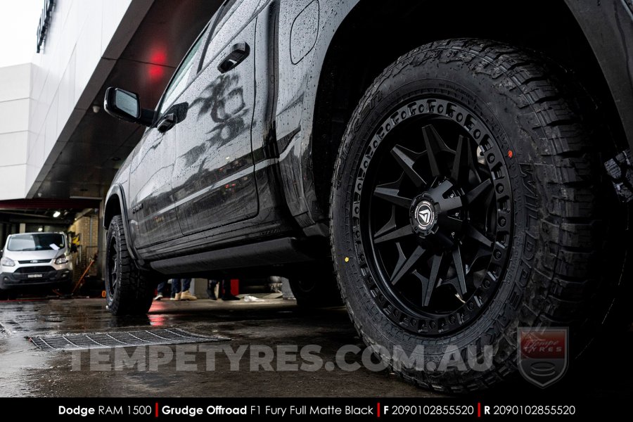 20x9.0 Grudge Offroad F1 Fury Full Matte Black on Dodge Ram