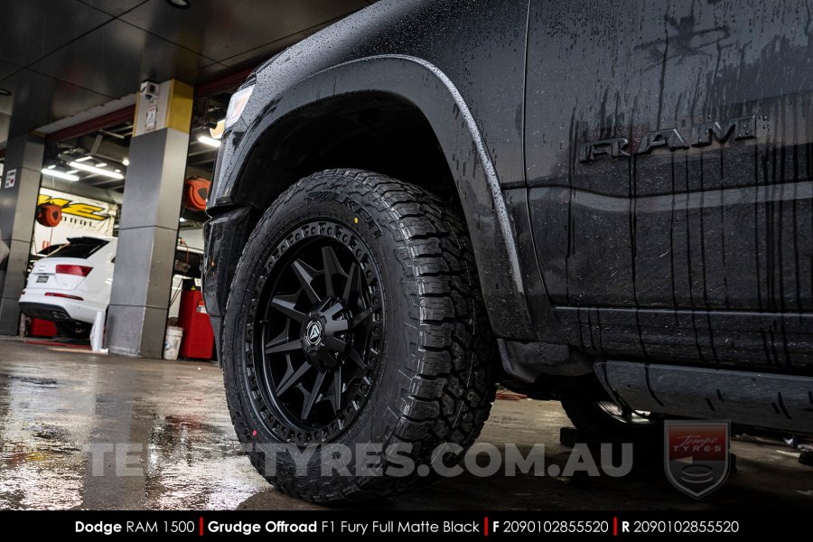 20x9.0 Grudge Offroad F1 Fury Full Matte Black on Dodge Ram