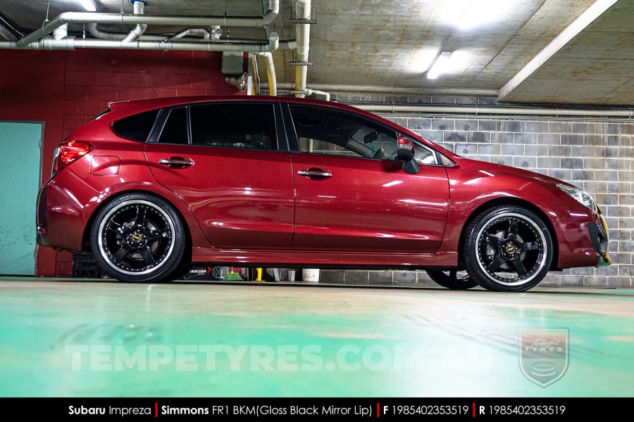 19x8.5 19x9.5 Simmons FR-1 Gloss Black on Subaru Impreza