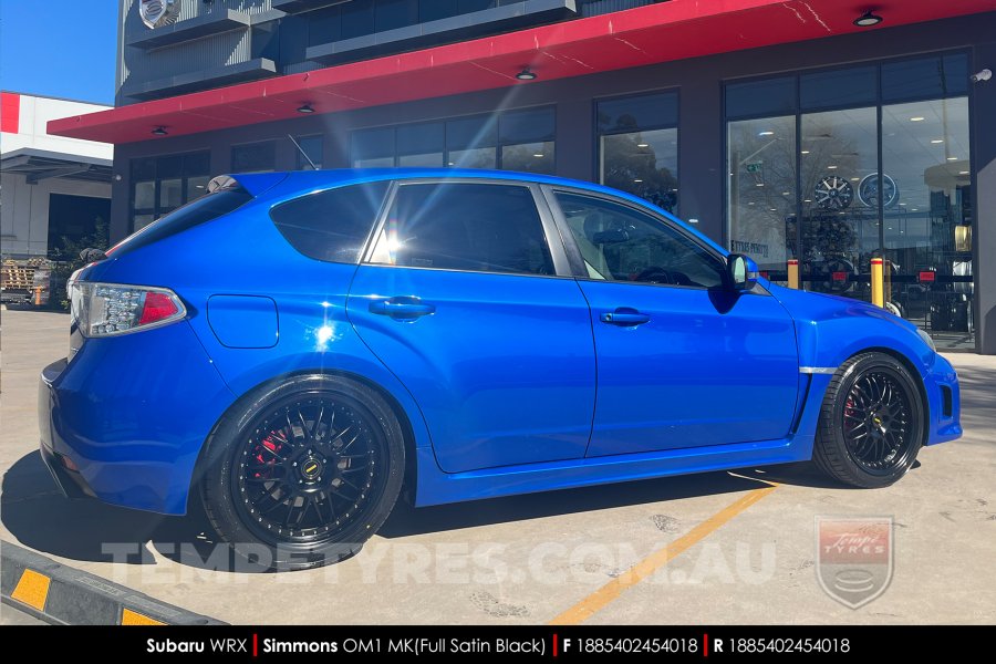 18x8.5 18x9.5 Simmons OM-1 Satin Black on Subaru WRX