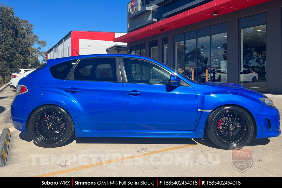 18x8.5 18x9.5 Simmons OM-1 Satin Black on Subaru WRX