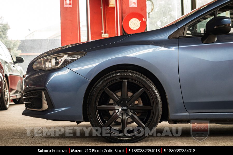 18x8.0 MOZA 910 Blade Satin Black on Subaru Impreza