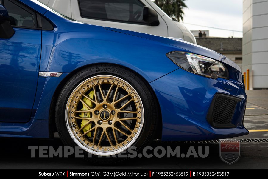 19x8.5 19x9.5 Simmons OM-1 Gold on Subaru WRX