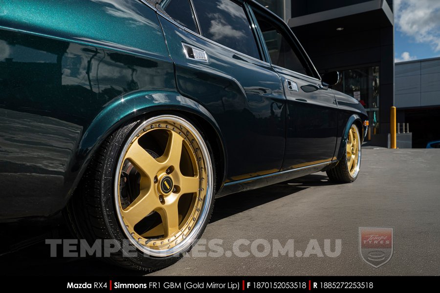 18x7.0 18x8.5 Simmons FR-1 Gold on Mazda RX4
