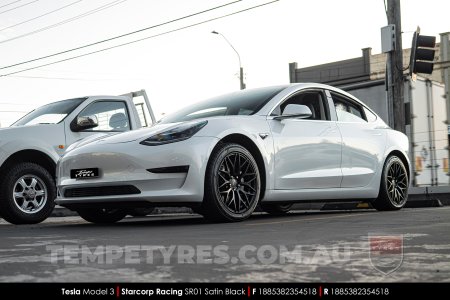 18x8.5 Starcorp Racing SR01 Satin Black on Tesla Model 3